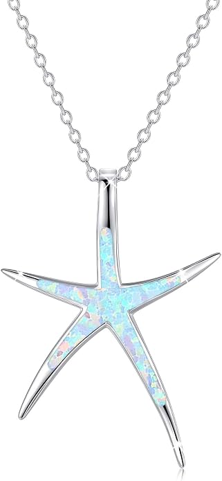 Cuoka Starfish Necklace, 925 Sterling Silver with Opal, Hawaiian Beach Nautical Ocean Pendant, Starfish Jewelry Opal Jewelry Valentine for Women Girlfriend