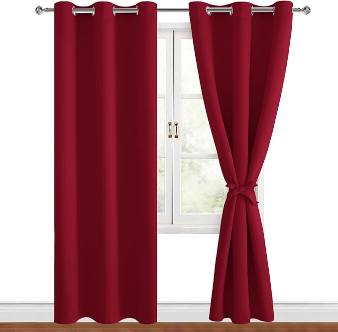 Hiasan Blackout Curtains for Bedroom, 38 x 84 Inches Long - Thermal Insulated & Light Blocking Window Curtains for Living Room, 2 Drape Panels Sewn with Tiebacks, Christmas Red