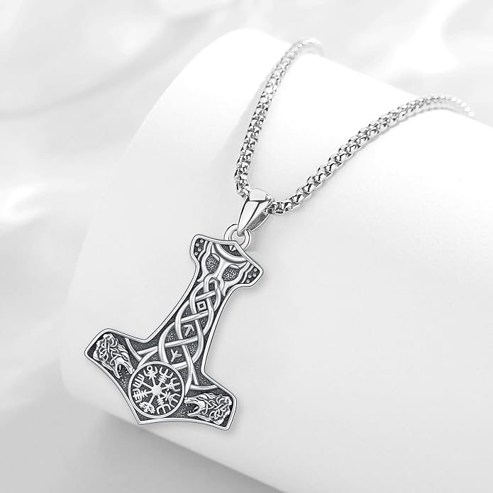Viking Thor's Hammer Necklace for Men Women, S925 Sterling Silver Vintage Norse Talisman Mjolnir Necklace Amulet Pendant Jewelry Gifts with Sturdy Box Chain