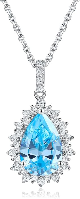 925 Sterling Silver Teardrop Necklace for Women Huge Created Gemstone Solitaire Halo Pendant Pear Cut Birthstone Necklace
