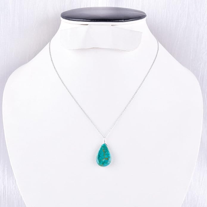 InfinityGemsArt Turquoise Pendant Necklace for Women, Birthstone, Natural Gemstone Cabochon Pear, Dainty Bezel Handmade Jewelry, Chakra Energy Healing Crystals, 925 Sterling Silver Chain 18 inch