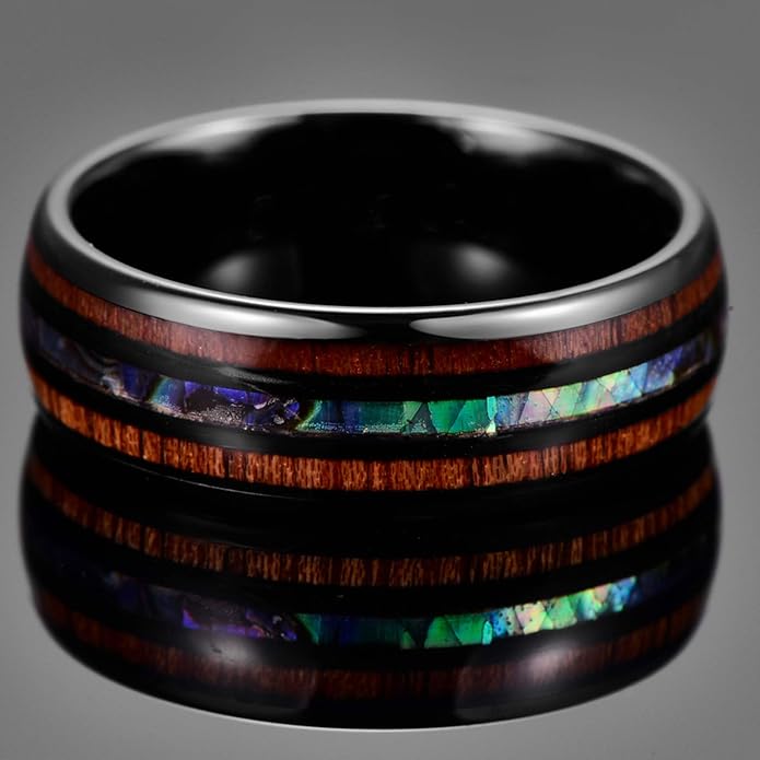 Vakki 6mm/8mm Tungsten Rings for Men Hawaiian Koa Wood Inlay Dome Abalone Shell/Blue Center Wedding Bands Comfort Fit Size 4 to 17
