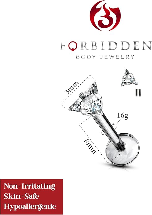Forbidden Body Jewelry 16 g Titanium Internally Threaded CZ Triangle Flat Back Piercing Stud Earring, Helix, Cartilage, Labret, Monroe for Women or Men