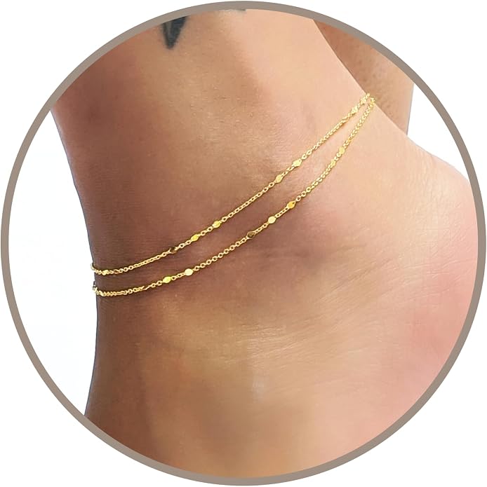 Annika Bella Gold Anklet, Double Strand Gold Chain Bracelets, Length 9-10 Inches, Anklets for Women Waterproof, Ankle Bracelet, Summer Jewelry