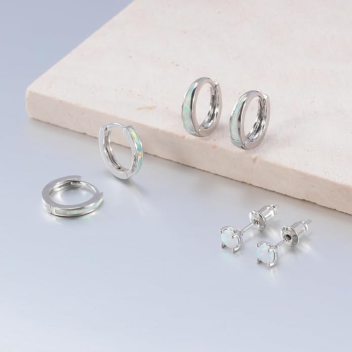 CiNily Opal Earrings Set for Women Hypoallergenic, Opal Stud Huggie Hoop Earrings Silver/Rose Gold Plated Dainty Hoop Huggie Silver Dangle Earring Stacks, Gold Jewelry