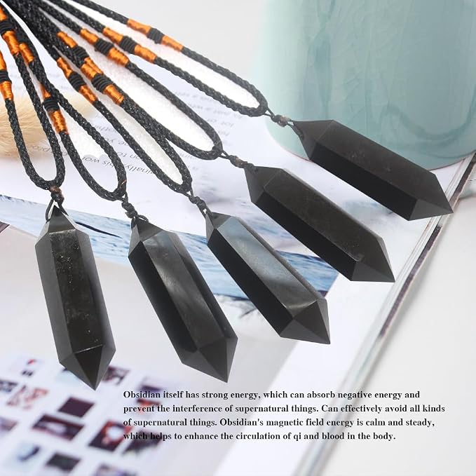 Runyangshi Black Obsidian Healing Crystal Pendants, Double Pointed Natural Crystal Quartz Necklace 6 Faceted Chakra Crystal Wand Stone