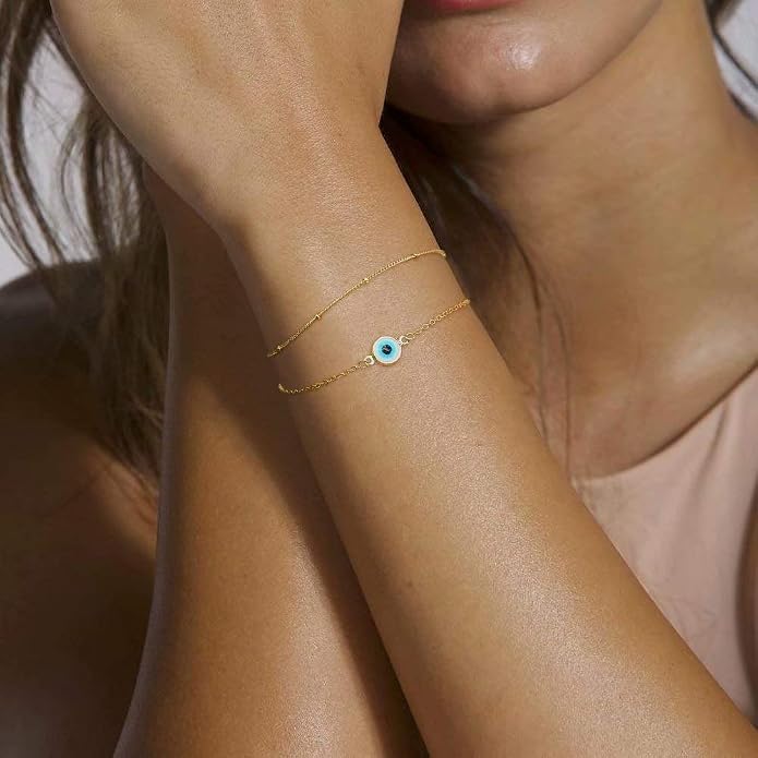 Dainty Gold Bracelets for Women, 14K Gold Plated Adjustable Layered Beads Bracelet Cute Evil Eye Oval Chain Pearl Bar Turtle Gold Bracelets for Women Jewelry