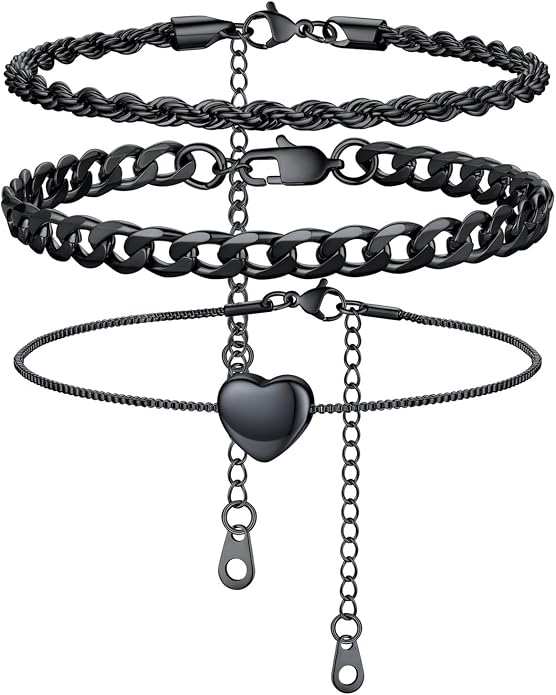 U7 2Pcs/3Pcs Ankle Bracelets for Women, Stainless Steel Cuban Link/Figaro/Rope/Heart Chain Anklets Sets,Waterproof Layered Anklets Adjustable 8.5"-10.5"