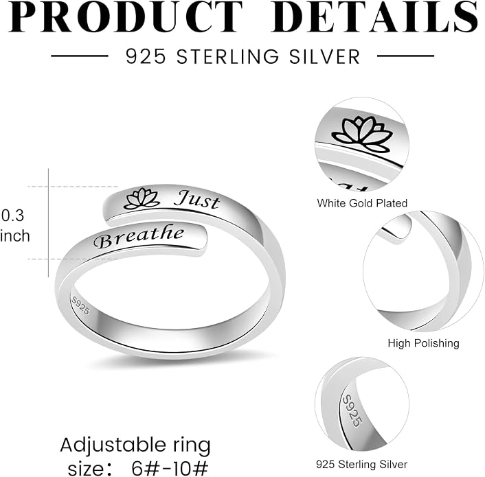 BEILIN 925 Sterling Silver Inspirational Jewelry Rings Adjustable Ring Personality Encouragement Gift for Teens Women
