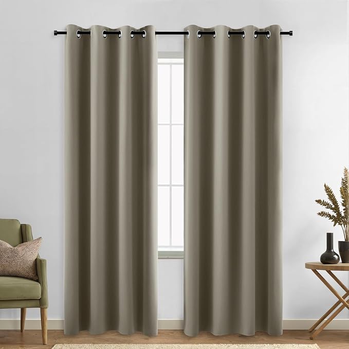 KOUFALL 90 Inch Blackout Curtains, Grommet Taupe Satin Polyester Thermal Insulated Black Out Curtains for Living Room Bedroom, 52w x 90 in Long, 2 Panel Set