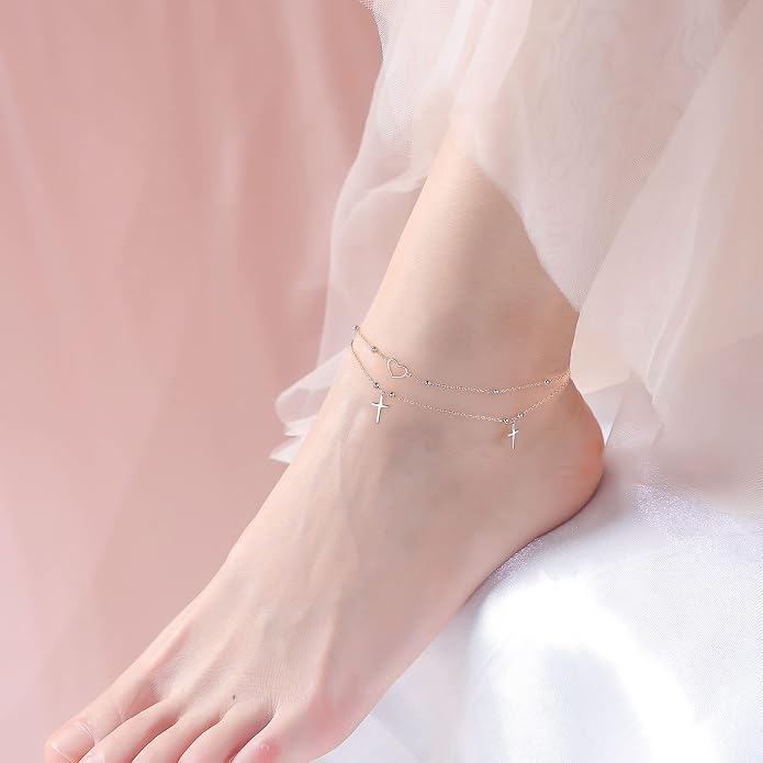 Alphm Anklet for Women S925 Sterling Silver Adjustable Foot Evil Eye Starfish Heart Bead Butterfly Celtic Knot Cross Multilayer Layered Ankle Bracelet Jewelry
