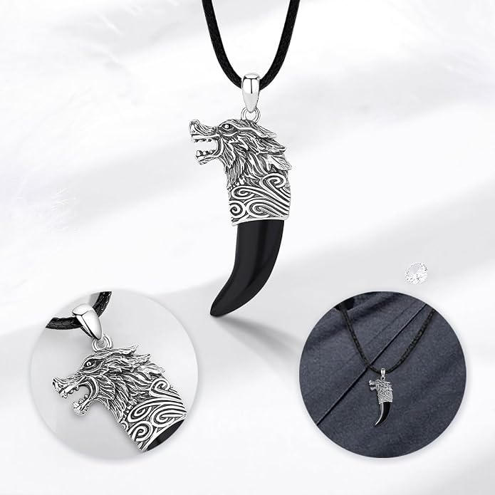 925 Sterling Silver Viking Wolf Mjolnir Necklace for Men Women, Viking Runes Wolf Tooth Witch Celtic Knot Amulet Protection Pendant Nordic Norse Mythology Jewelry Gift for Men Women