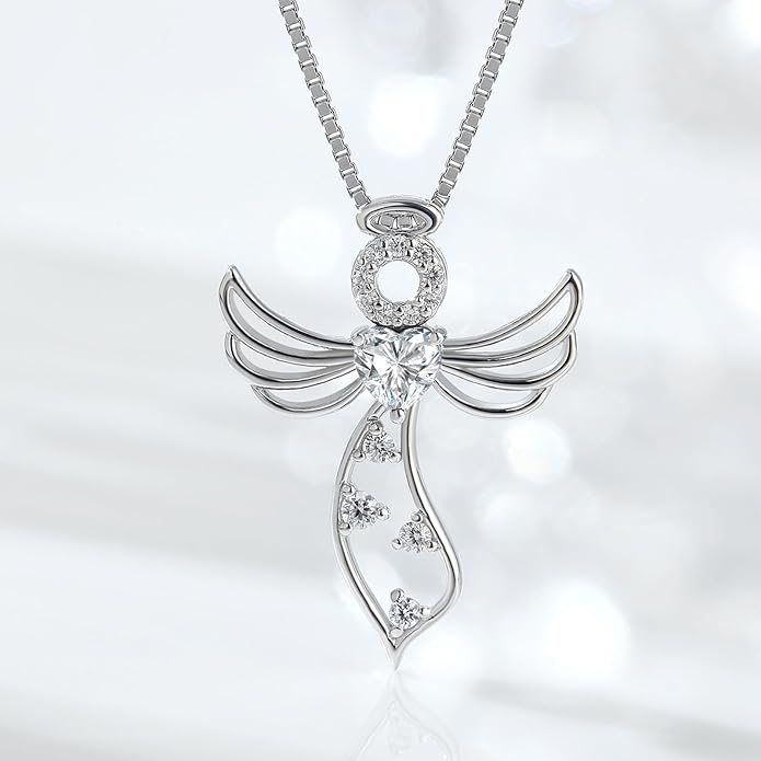 925 Sterling Silver Guardian Angel Pendant Necklace for Women - Birthstone Cubic Zirconia, 18" Chain, Gift for Her