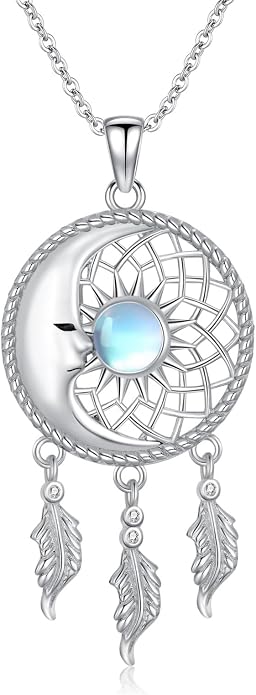 Dream Catcher Moonstone/Turquoise Necklace 925 Sterling Silver Moon Necklace Dream Catcher Pendant Necklace Dream Catcher Jewelry Moonstone/Turquoise Jewelry Sun Necklace Gifts for Women