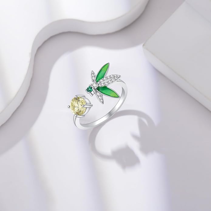 925 Sterling Silver Drangonfly/Butterfly Open Finger Rings Adjustable Dainty Gemstone Sapphire Emerald Green Ring for Women Round/Pear/Princess Engagement Promise Ring