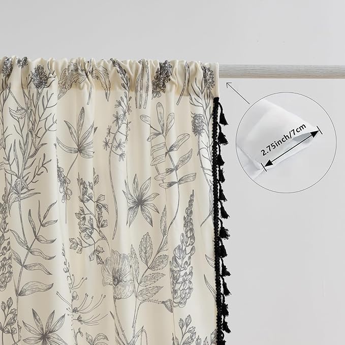 Black Floral Curtains 102 Inches Long, Boho Farmhouse Light Filtering Rod Pocket Drapes with Tassel Trim for Bedroom Living Room, 2 Panels