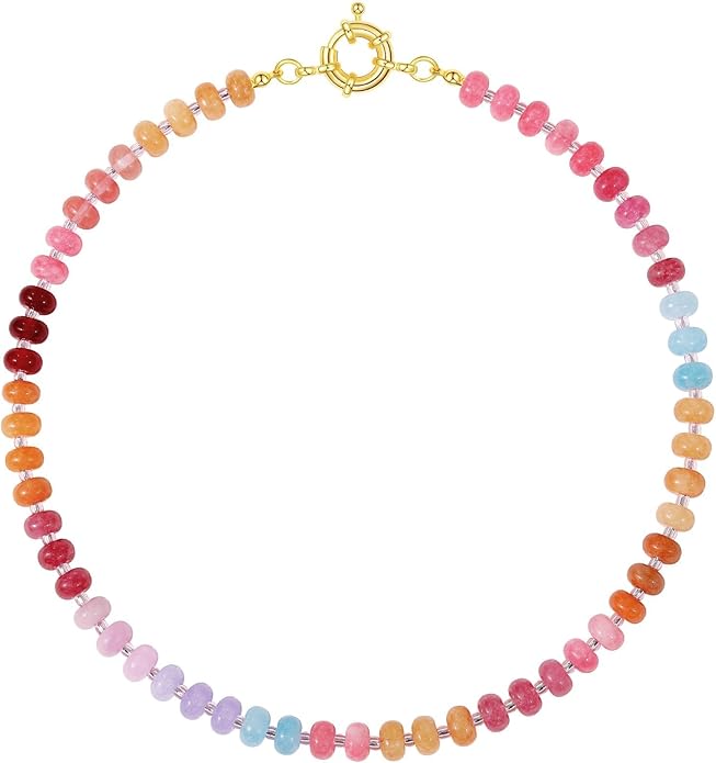 KELORIS PATH Beaded Gemstone Necklaces for Women, Boho Colorful Bead Choker Necklace, Natural Stone Handmade Summer Jewelry for Beach