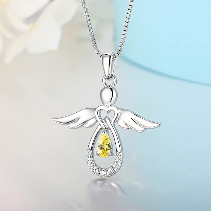 FJ Guardian Angel Necklace 925 Sterling Silver Birthstone Pendant Angel Jewelry Gifts for Women