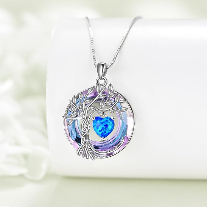 POPLYKE Mothers Day Gifts for Mom Her Wife Tree of Life Necklace 925 Sterling Silver Birthstone Pendant with Crystal Anniversary Birthday Wedding Jewelry for Women