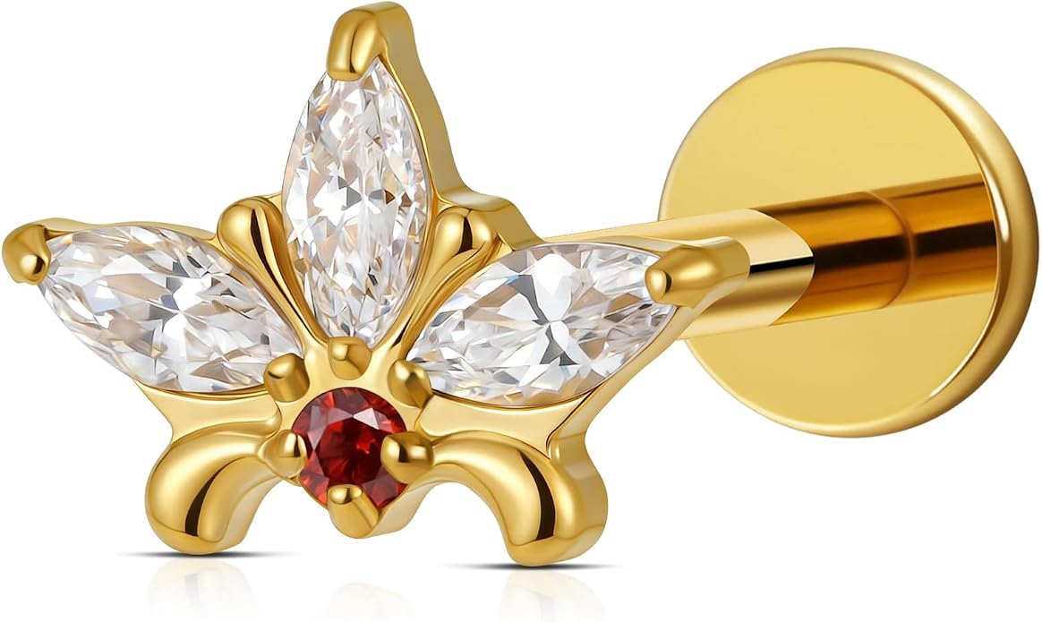 FINE4U ASTM F136 Titanium Piercing Jewelry Stud - 16G 6mm 8mm Triple Marquise Lotus Flower Cartilage Earring, Hypoallergenic Flatback Bridal Jewelry