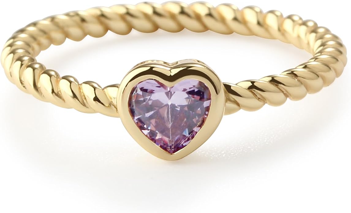 Precious Pieces 14K Gold Plated over .925 Sterling Silver Twisted Rope Band Baby Ring with Heart Birthstone CZ for Babies, Infants, Toddlers, Little Girls, Stackable or Pinky Ring for Teens and Women
