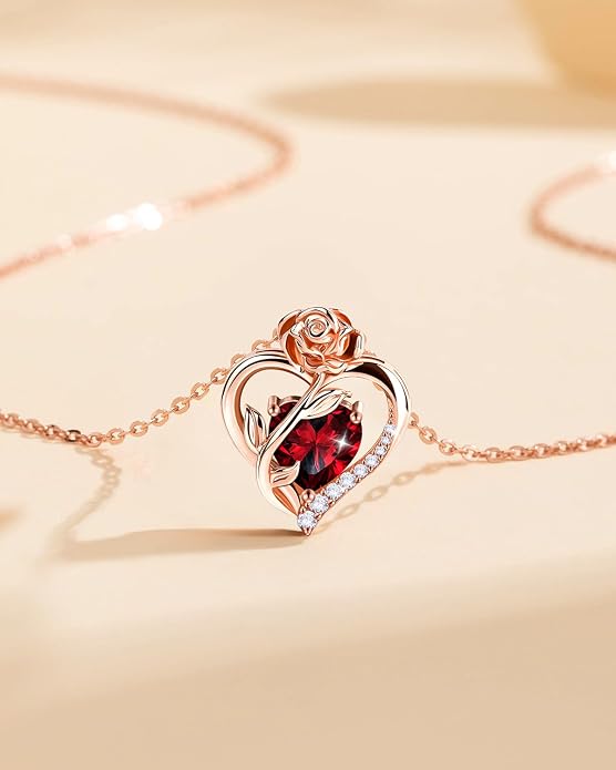 Anniversary Birthday Gifts for Women - Heart Birthstone Necklace: 925 Sterling Silver Rose/White/Yellow Gold Pendant Necklaces Gold Jewelry Gift for Wife Girlfriend Mom Daughter Grandma