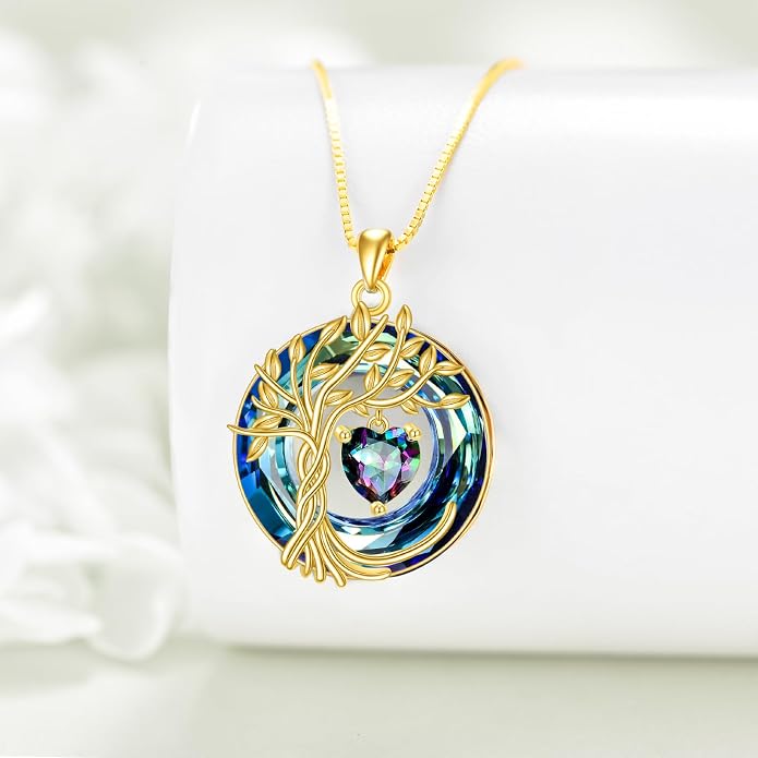 POPLYKE Mothers Day Gifts for Mom Her Wife Tree of Life Necklace 925 Sterling Silver Birthstone Pendant with Crystal Anniversary Birthday Wedding Jewelry for Women