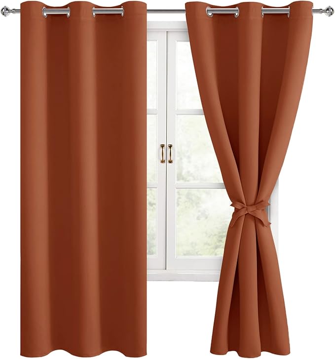 Hiasan Fall Blackout Curtains for Bedroom, 38 x 63 Inches Length - Thermal Insulated & Light Blocking Window Curtains for Living Room Home Decor, 2 Drape Panels Sewn with Tiebacks, Burnt Ochre