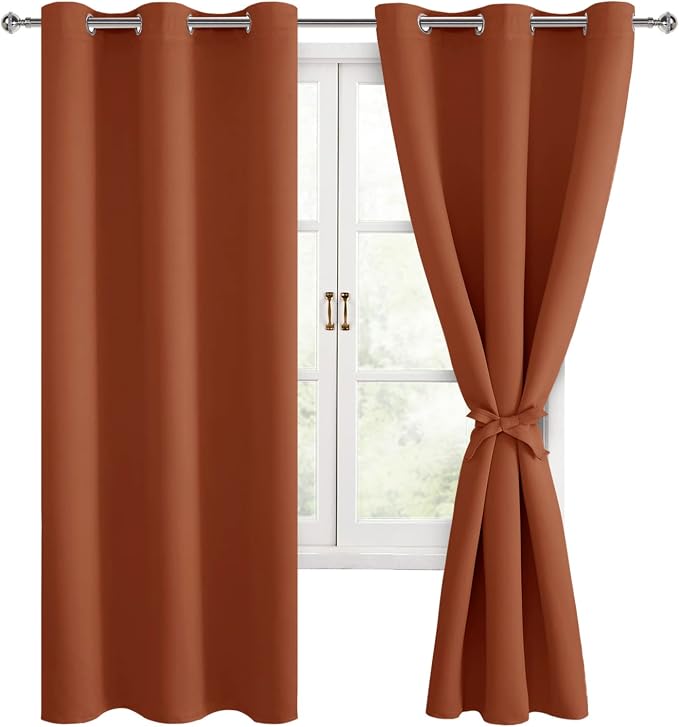 Hiasan Fall Blackout Curtains for Bedroom, 42 x 72 Inches Long - Thermal Insulated & Light Blocking Window Curtains for Living Room Home Decor, 2 Drape Panels Sewn with Tiebacks, Burnt Ochre