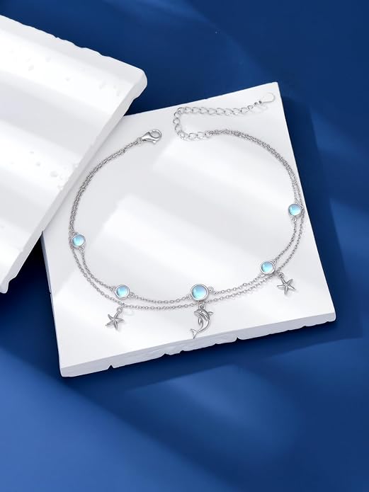 Wave/Dolphin Bracelet/Sea Turtles Anklet 925 Sterling Silver Adjustable Moonstone Bracelet/Anklet Summer Ocean Jewelry Gifts for Women