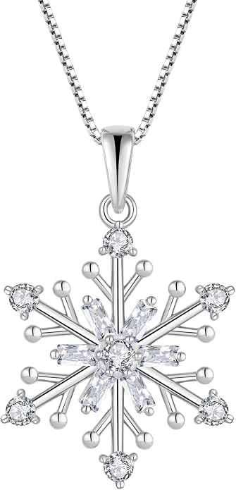 925 Sterling Silver Snowflake Necklace Birthstone Snowflake Pendant Necklaces for Women Cubic Zirconia Christmas Jewelry