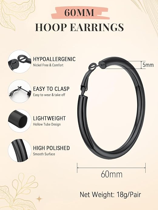 FaithHeart Chunky Hoop Earrings for Women, Silver/Black/14K Gold Plated Stainless Steel Earrings 5mm Thick Hollow Tube Hoops Hypoallergenic Lightweight Earring 20/30/40/50/60/70/80mm