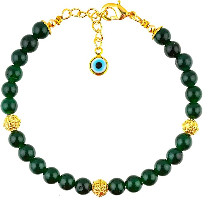 AAA Grade Natural Gemstone Beaded Bracelet, 14K Gold Plated with Evil Charm, Wicca & Reiki Healing Crystals, Handmade Bohemian Jewelry, Christmas Gift for Women (7+1inch)