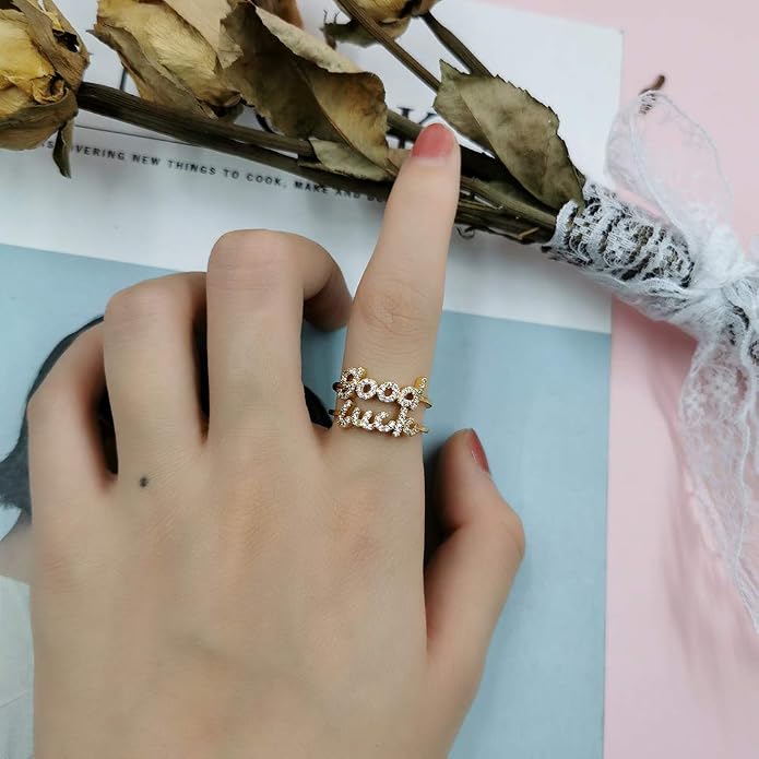 MOROTOLE Women Statement Letters Personalized Ring 18K Gold Plated Open Rings Hypoallergenic Cubic Zirconia Adjustable Rings for Women