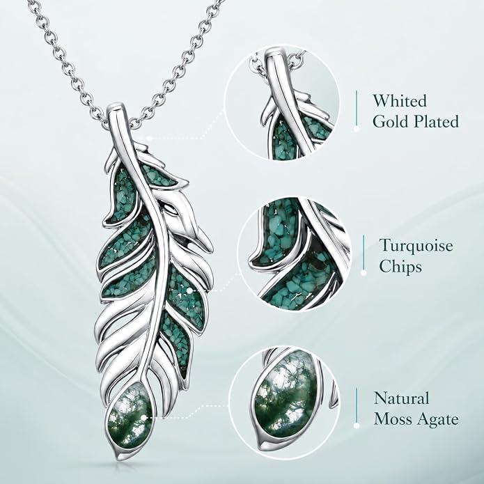 Feather Necklace White Gold Boho Jewelry Nature Inspired Statement Birthstone Pendant Gifts for Women