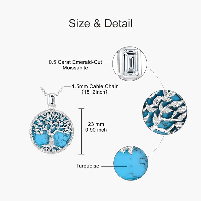 Tree of Life Moissanite Necklace, 925 Sterling Silver 0.5 Carat Moissanite Abalone Shell/Opal/Black Onyx/Turquoise/Malachite/Tiger Eye Stone Tree of Life Pendant Necklaces Jewelry Gift for Women Mom