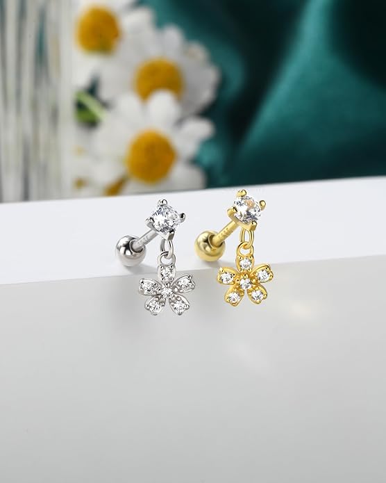 COCHARM 14K Gold Plated Cartilage Earrings Stud 16G Dangle Star 925 Sterling Silver Helix Tragus Earrings Surgical Steel Flat Back Earrings Dangly