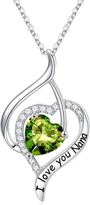Nana Gifts Sterling Silver Heart Birthstone Necklaces, I Love You Nana Gifts for Mothers, Grandma