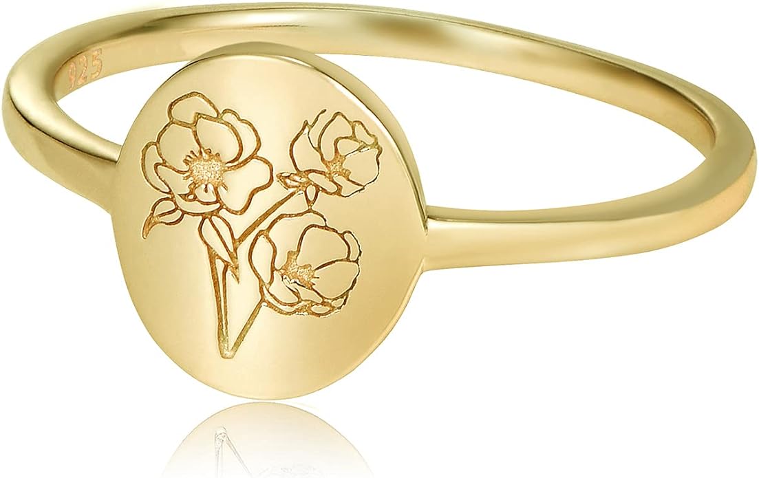 YeGieonr Handmade Flower Signet Ring,18K Gold Ring for Women, Minimalistic Statement Ring with Botanical Engraved Delicate Personalized Jewelry Gift for Women