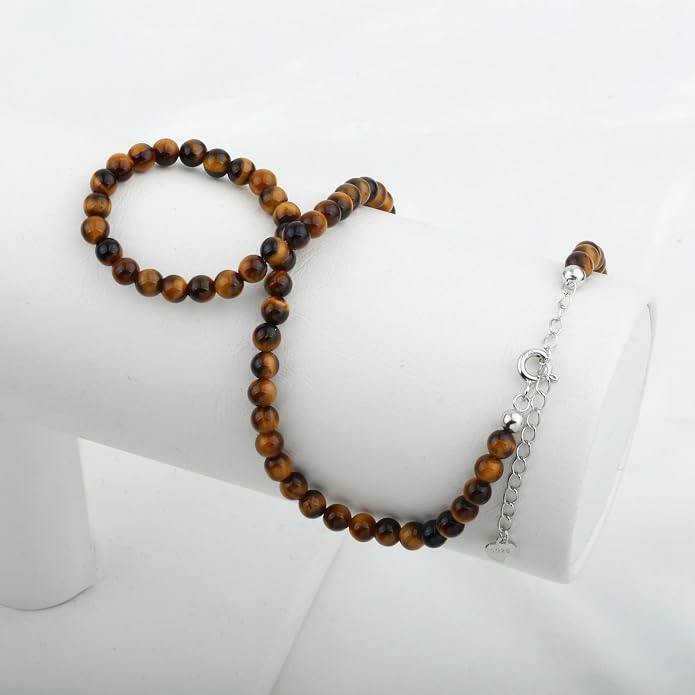 Kakikaki Natural Agate Choker Necklace Sterling Silver Round Beads Strand Necklace for Women
