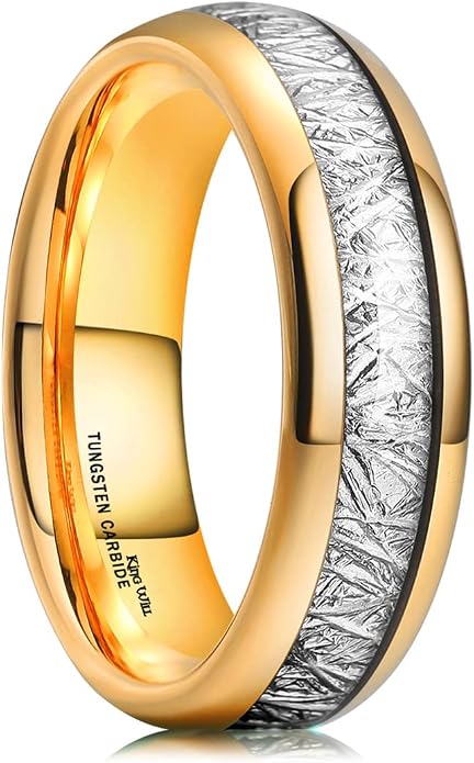 King Will Tungsten Rings for Men Meteorite Carbon Fiber Wood Inlay Mens Wedding Engagement Band Domed Polished