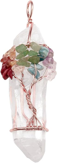 Jovivi 7 Chakra Gemstone Wire Wrapped Natural Clear Quartz Healing Crystal Point Pendant Necklace for Women Mother's Day Gift