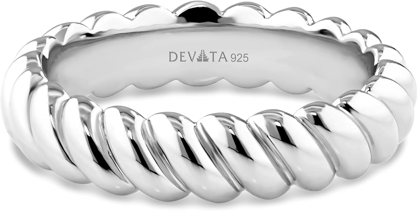 DEVATA Gold or Rhodium Plated Sterling Silver 925 – Eternity, Band Ring for Women – Heart, Knot, Clover, Infinity, Mariner, Cable, Curb, Cuban, Figaro, Daisy, Rope, Ribbed, Dome