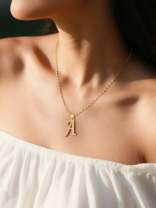 U7 Initial Necklace for Women, Gold/Platinum Plated CZ Crystal Letter A-Z Pendant Necklace, Shiny 20 Inch Name Chain Dainty Personalized Jewelry for Men Mom Wife Friend