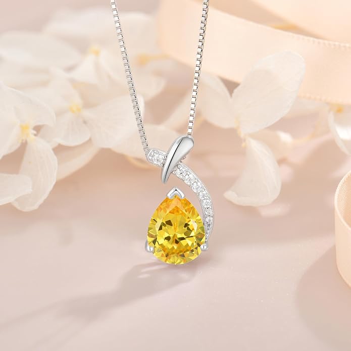 Teardrop Birthstone Necklace for Women,925 Sterling Silver Pear Cut Zircon Gemstone Pendant Necklace for Birthday Engagement Anniversary Wedding Jewelry