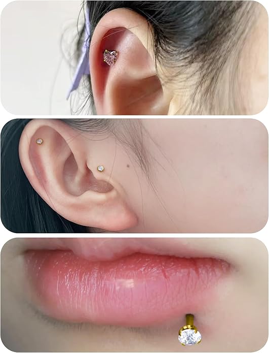 20G 18G 16G 14K Gold Filled Threadless Flat Back Earrings Studs Surgical Stainless Steel Opal CZ Nose Rings Studs Tragus Helix Conch Cartilage Earrings Piercing Jewelry For Women Men Silver