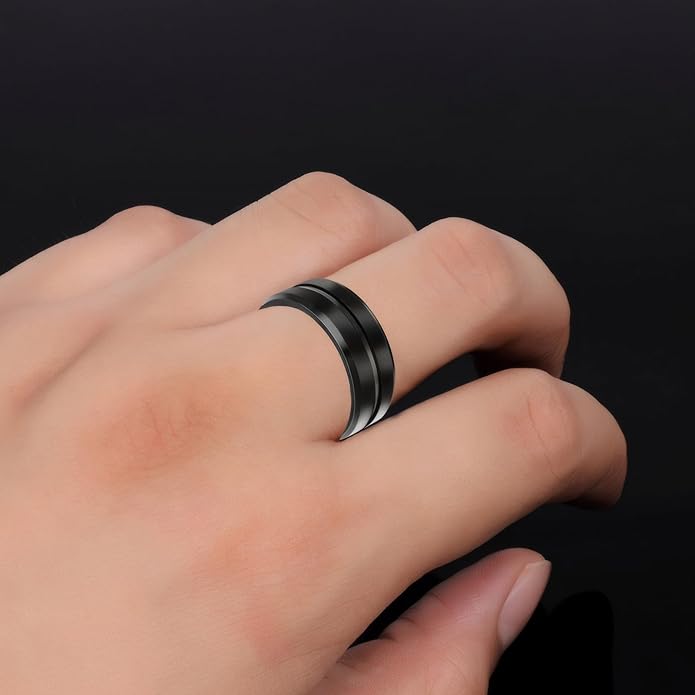 MMTTAO Men's Titanium Ring Wedding Bands for Men Women 6MM 8MM 10MM Black/Blue/Silver Engagement Band Wedding Rings Beveled Edge Brushed Matte Finished & Polished Grooved Center Comfort Fit Size 6-13