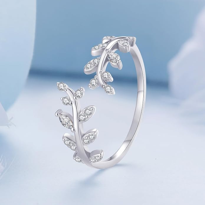 MUNDELL 925 Sterling Silver Simple Multi-layer Leaf Adjustable Ring Green Lucky Leaves Statement Ring for Women Promise Ring Fine Jewelry