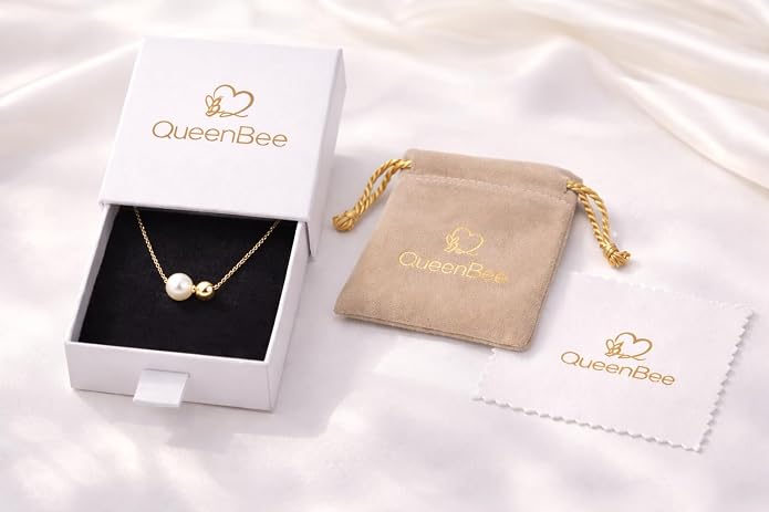 QueenBee Double Floating Pearl & Bead Bolo Necklace - 8mm Pearl with 14K Gold Filled or 925 Sterling Silver Accents, Adjustable Slider Chain, No-Clasp Waterproof Jewelry