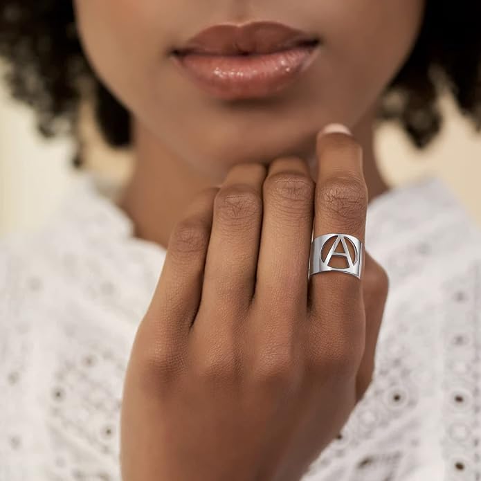 KeyStyle Bold Initial Letter Rings Adjustable, GoldChic Jewelry Women Gold Statement Ring Personalized Engraved Women’s Open Signet Ring for Party (Gold, White Gold, Black)